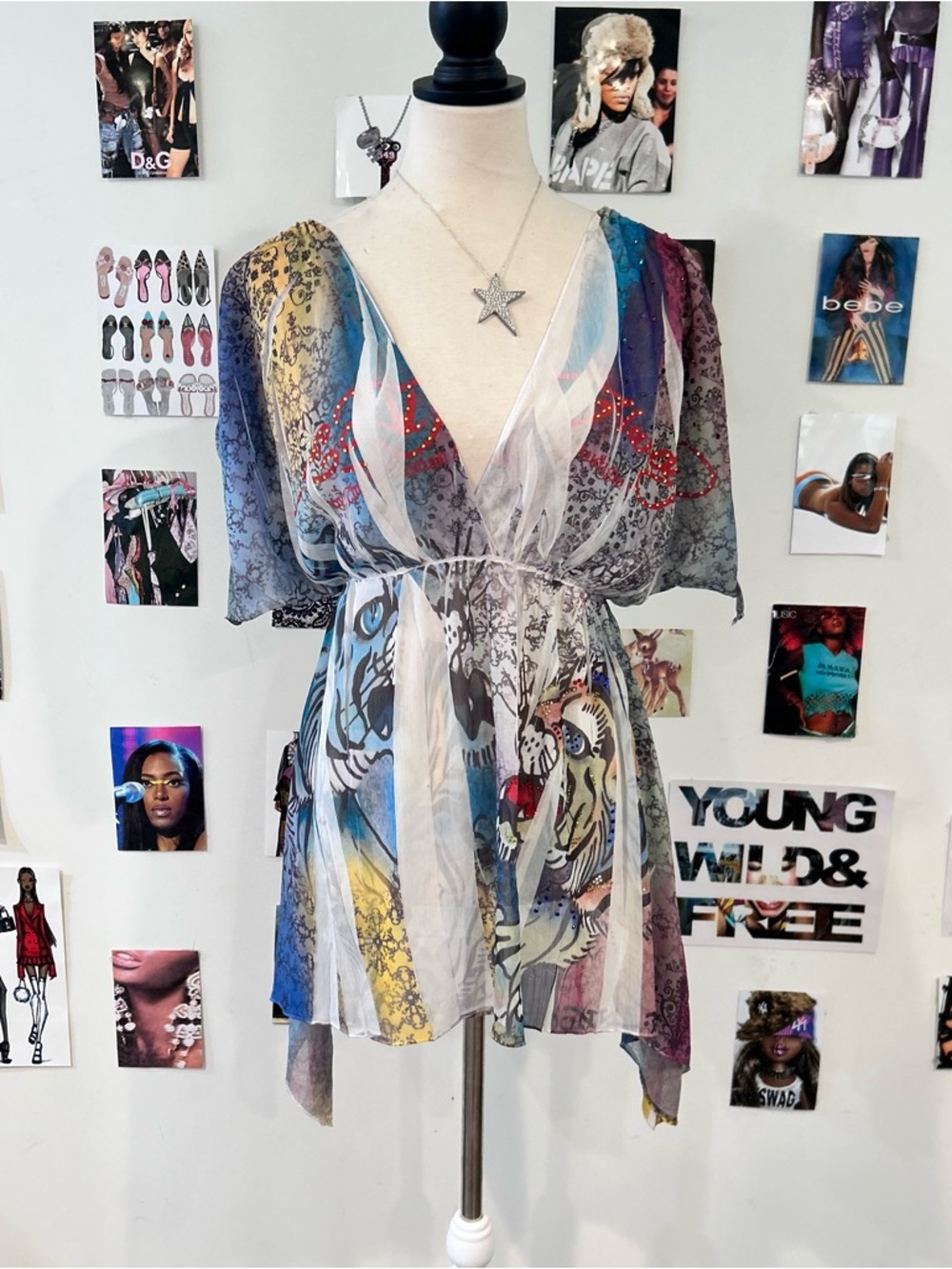 Ed Hardy Multicolor Sheer V-Neck Printed Tunic - Blue Purple Yellow Red Cream
